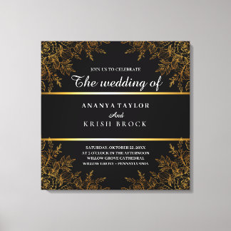 Impressão Em Tela Preto Glam e Floral Dourado, Casamento