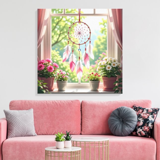 Impressão Em Tela Pretty Pink Dreamcatcher and Plants Window Sill (Insitu(Sala de estar))