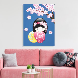Impressão Em Tela Primavera Kokeshi Doll - Gisha japonesa giro em az