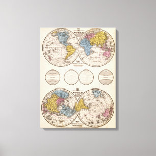 Impressão Em Tela Projeção equatorial do mundo e projeção polar