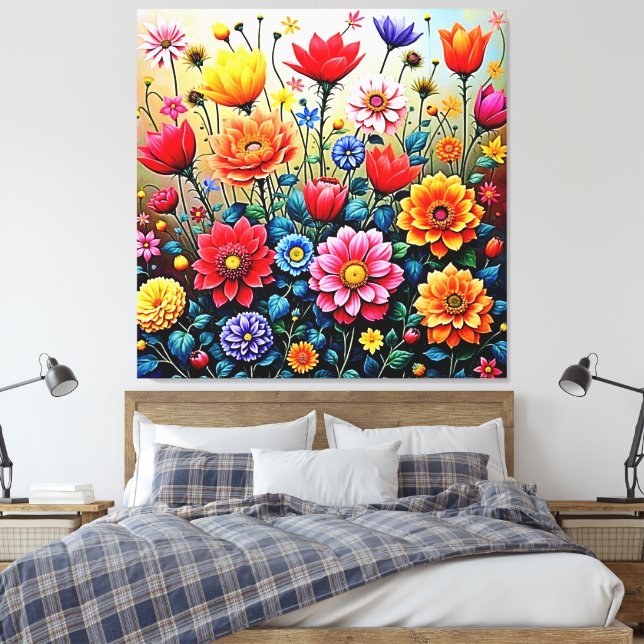 Impressão Em Tela Projeto de Jardim de Flores Abstratas Alegres (Insitu(Quarto))
