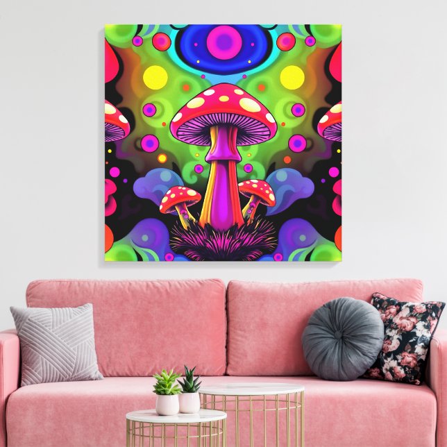 Impressão Em Tela Psychedelic Vibrant Colorful Retro Mushrooms (Insitu(Sala de estar))