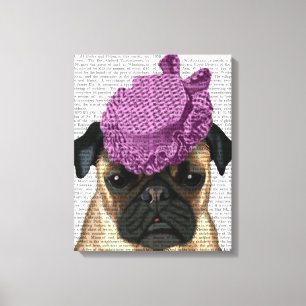 Impressão Em Tela Pug com chapéu roxo de safra