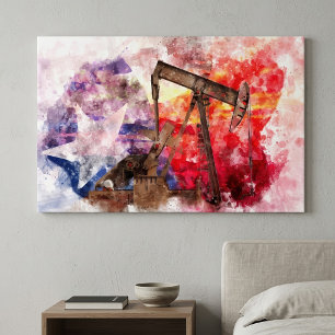 Impressão Em Tela Pumpjack ícone Texan aquarela com Sinalizador Texa