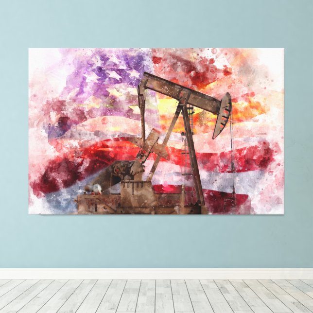Impressão Em Tela Pumpjack silhoucolor com bandeira americana (Insitu(piso de madeira))