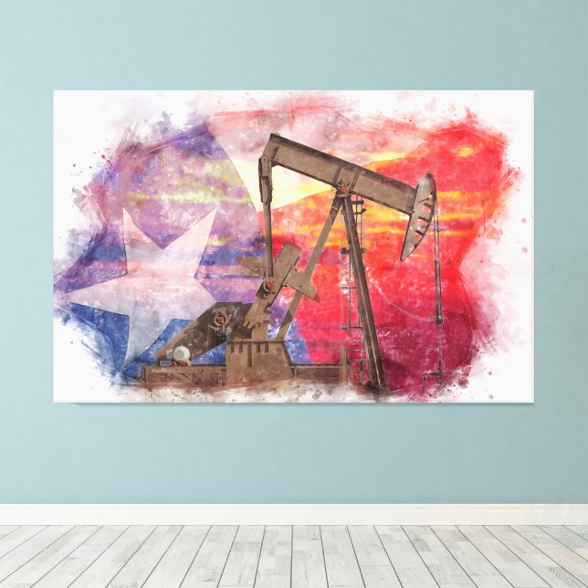 Impressão Em Tela Pumpjack Texan ícone pastel desenho com Texas Flag (Insitu(piso de madeira))