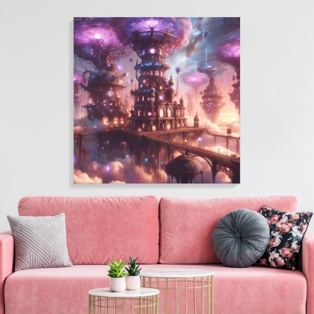 Impressão Em Tela Purple Fantasy Steampunk Cidade (Insitu(Sala de estar))