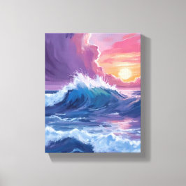 Impressão Em Tela Purple Ocean Waves Sunset Watercolor Painting
