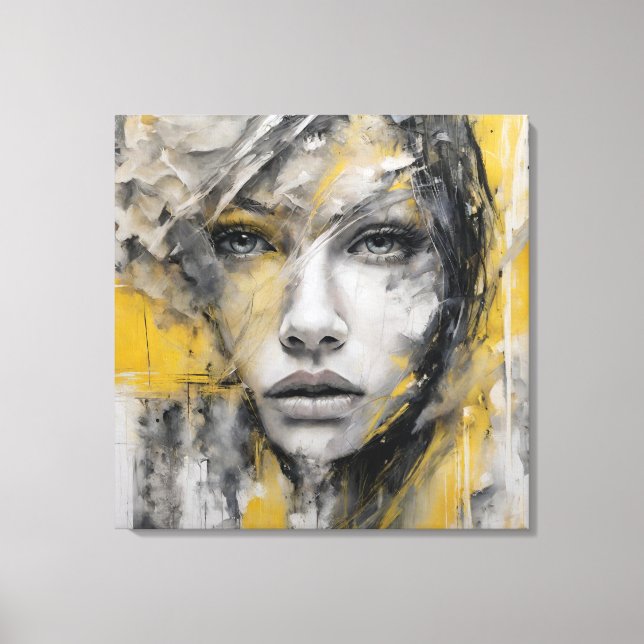 Impressão Em Tela Quadro abstrato rosto de mulher amarelo e cinza (Frente)