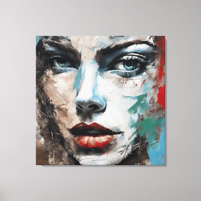 Impressão Em Tela Quadro abstrato rosto de mulher azul, cinza marrom (Frente)