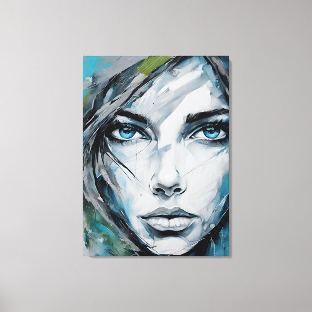 Impressão Em Tela Quadro abstrato rosto de mulher azul, cinza, preto (Frente)