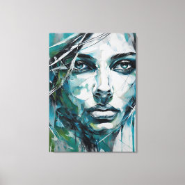 Impressão Em Tela Quadro abstrato rosto de mulher azul, cinza, preto