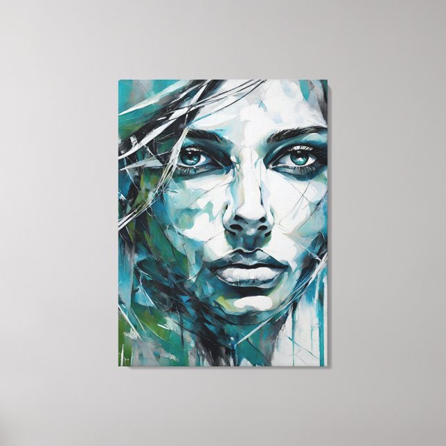 Impressão Em Tela Quadro abstrato rosto de mulher azul, cinza, preto (Frente)