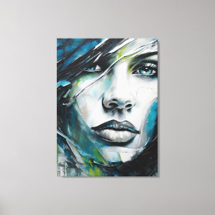 Impressão Em Tela Quadro abstrato rosto de mulher azul, cinza, preto