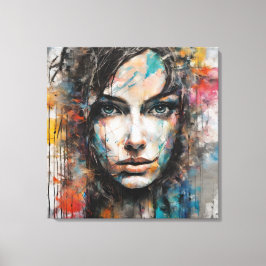 Impressão Em Tela Quadro abstrato rosto de mulher azul, cinza, red