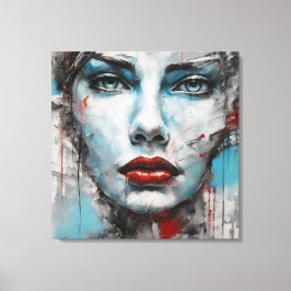Impressão Em Tela Quadro abstrato rosto de mulher azul, cinza, red
