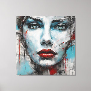 Impressão Em Tela Quadro abstrato rosto de mulher azul, cinza, red