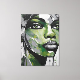 Impressão Em Tela Quadro abstrato rosto de mulher verde cinza, preto