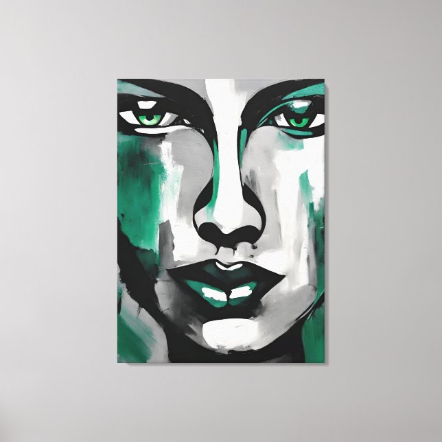 Impressão Em Tela Quadro abstrato rosto de mulher verde cinza preto  (Frente)