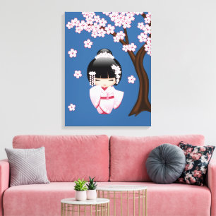 Impressão Em Tela Quimono Rosa Boneca Kawaii Kokeshi em Azul