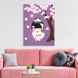 Impressão Em Tela Quimono Rosa Boneca Kawaii Kokeshi em Roxo
