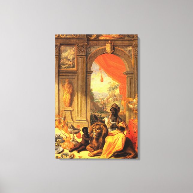 Impressão Em Tela Rainha Africana e Filho com Leão no Palácio (Frente)