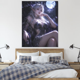 Impressão Em Tela Rainha Elfa ao Luar Fantasia Retrato Azul Escuro