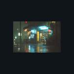 Impressão Em Tela Rainy Neon Japanese Corner Store<br><div class="desc">Heavy rain pours down on a quiet nighttime street, turning the wet pavement into a mirror of glowing blue and warm neon reflections. A small Japanese convenience store stands brightly lit with turquoise fluorescent lights, red lanterns, and colorful vertical signs featuring kanji. Vending machines, a parked car with headlights on,...</div>