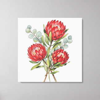 Impressão Em Tela Ramalhete de Protea Carmesim Aquarela
