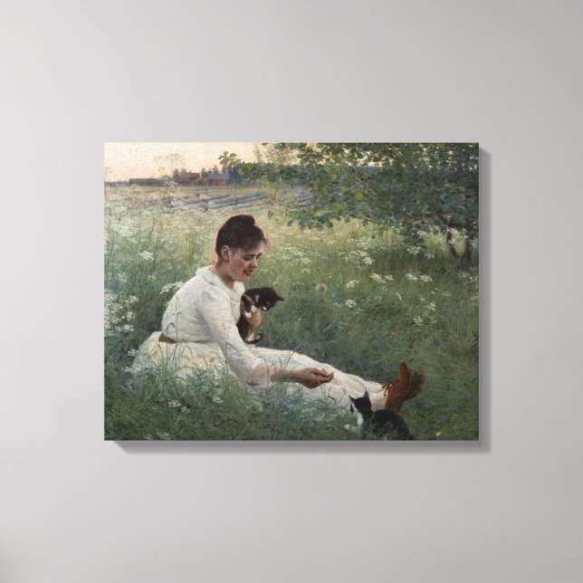 Impressão Em Tela Rapariga com Gatos na Paisagem de Verão (Kittens) (Frente)