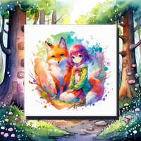 Rapariga e Raposa bonito de Aquarela