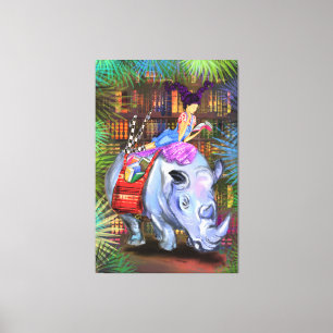 Impressão Em Tela Rapariga e Rhino - Biblioteca na Selva - Fantasia