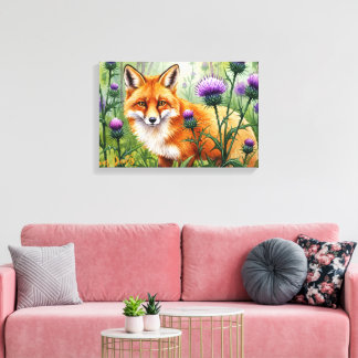 Impressão Em Tela Rapariga entre Flores de Cardo Roxo Aquarela