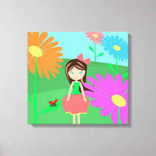 Impressão Em Tela Rapariga, Flores e Ladybug