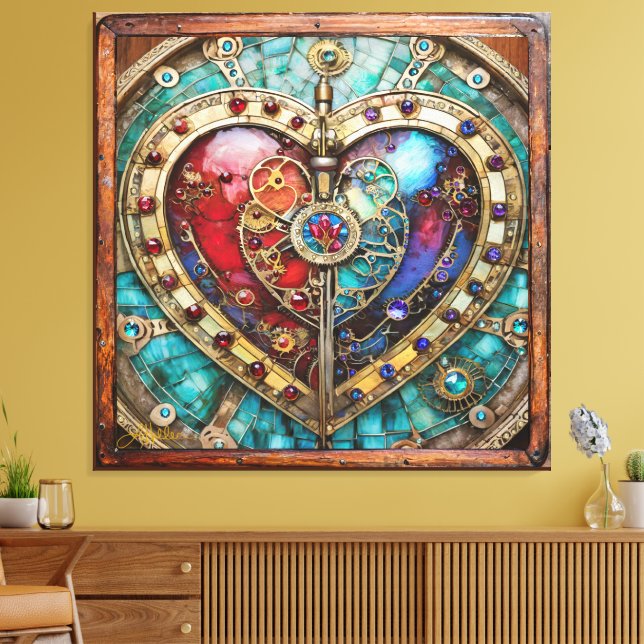 Impressão Em Tela Red & Blue Stained Glass Heart Steampunk Series (Insitu(Sala de estar))