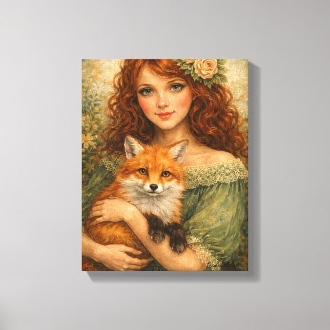 Impressão Em Tela Red-Haired Girl Holding a Fox Woodland Fantasy (Frente)