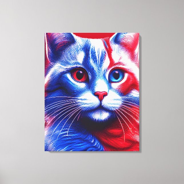 Impressão Em Tela Red White E Blue Neon Cat Com Bandeira Anerica (Frente)