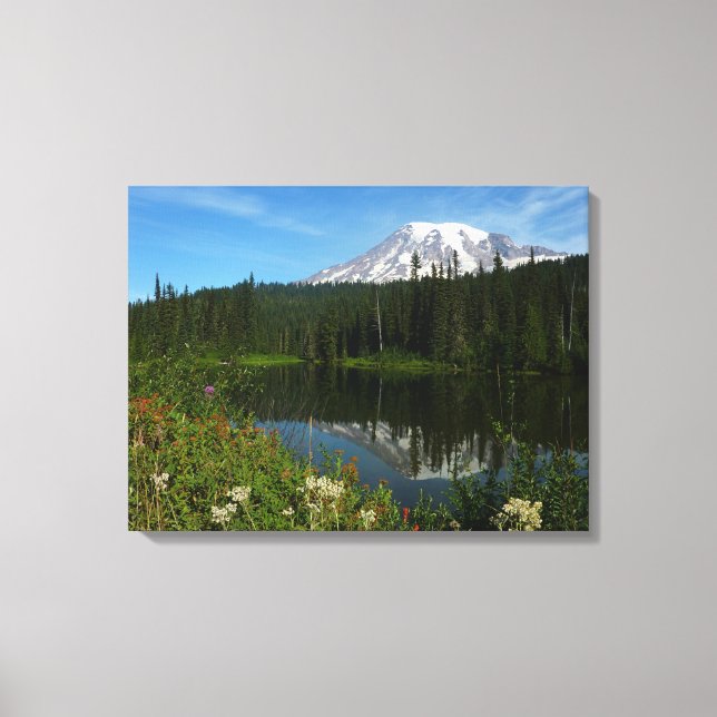 Impressão Em Tela Reflexo do Lago Monte Rainier com Flores Silvestre (Frente)