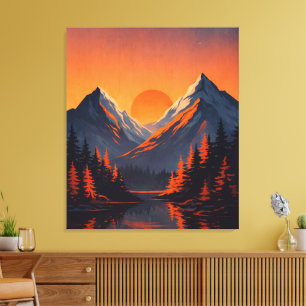 Impressão Em Tela Reflexo do Pôr do Sol na Montanha com Céu Laranja 