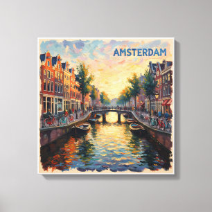 Impressão Em Tela Reflexos do Canal Dourado de Amsterdã em Tela