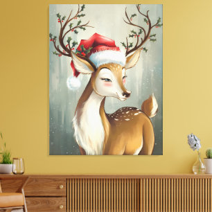 Impressão Em Tela Reindeer Festivo com Holly e Santa Hat