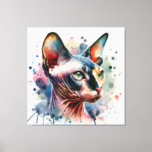 Impressão Em Tela Retrato Artístico De Gato Esfingx Por Aquarela