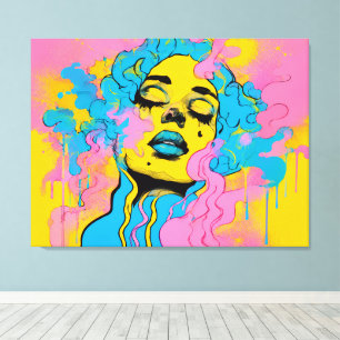 Impressão Em Tela Retrato Colorido de Mulher Psicodélica Pop Art