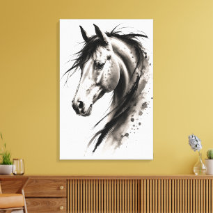 Impressão Em Tela Retrato de Cavalo Sumi-e Monocromático Elegante