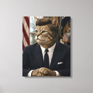 Impressão Em Tela Retrato de Gato JFK | Arte Engraçada de Gato Presi