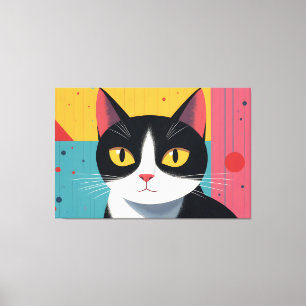 Impressão Em Tela Retrato de Gato Tuxedo Moderno - Arte Plana Minima