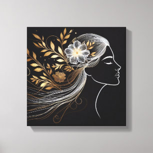 Impressão Em Tela Retrato de Linha de Cabelo Fluindo Botânico Dourad