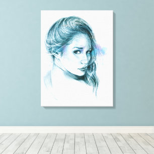 Impressão Em Tela Retrato de menina desenho a lápis arte Azul