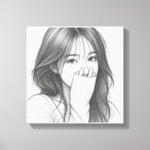 Impressão Em Tela Retrato de Menina em Desenho a Lápis em Tela com N