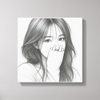 Impressão Em Tela Retrato de Menina em Desenho a Lápis em Tela com N